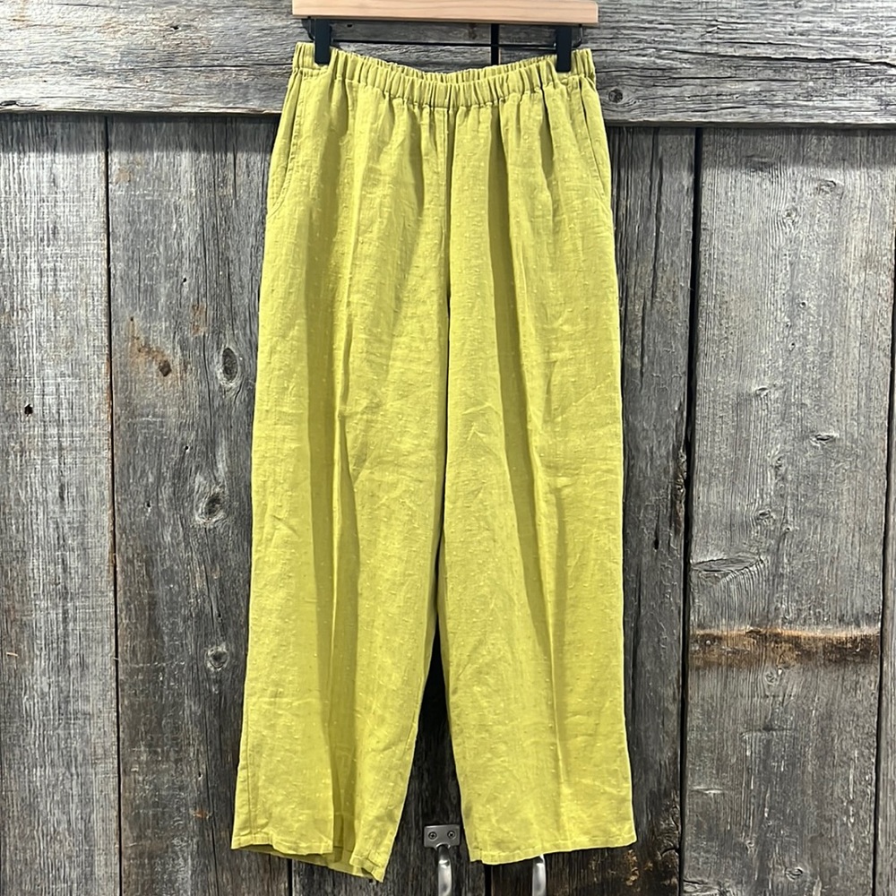 Flax Lagenlook Chartreuse Green Textured Linen Wide Leg Ankle Pants